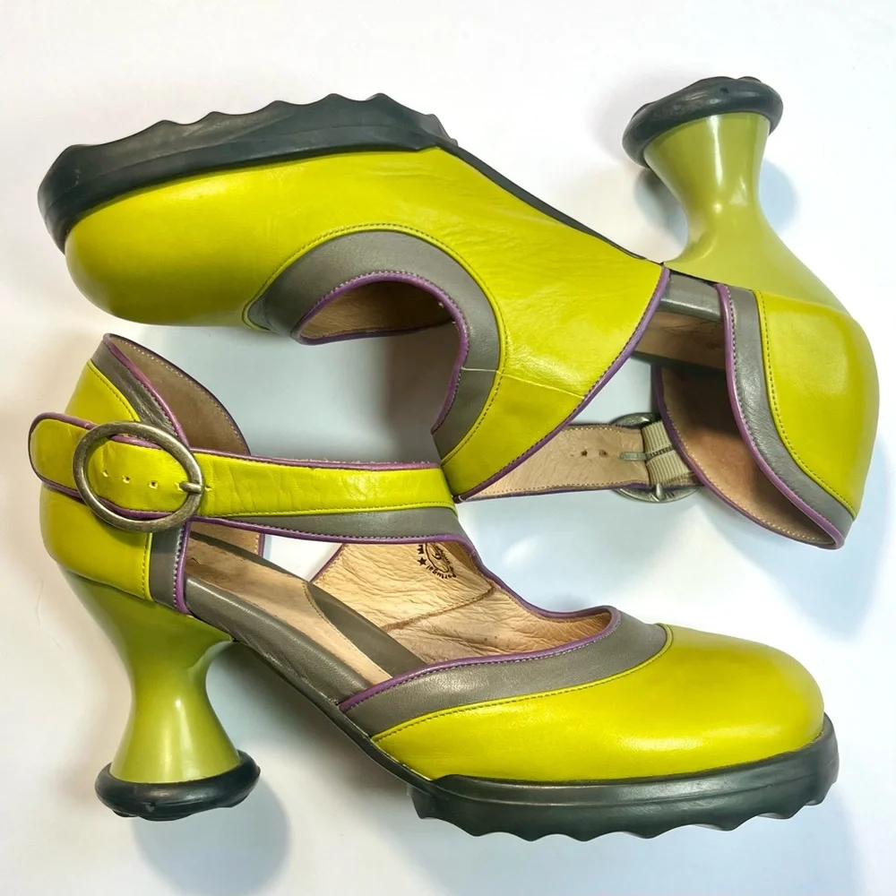SOLD Fluevog Elif Mary Jane Mini Heels Shoes Olive Green Purple Buckle Strap - Picture 4 of 14